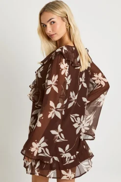 boohoo Robe Smock En Mousseline À Volants Fleuris<Femme Robes Courtes|Robes À Manches Longues