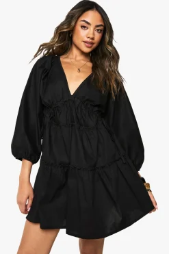 boohoo Robe smock en popeline de coton à manches ballon froncées<Femme Robes Courtes|Robes Bohème