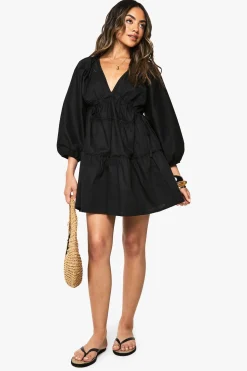 boohoo Robe smock en popeline de coton à manches ballon froncées<Femme Robes Courtes|Robes Bohème