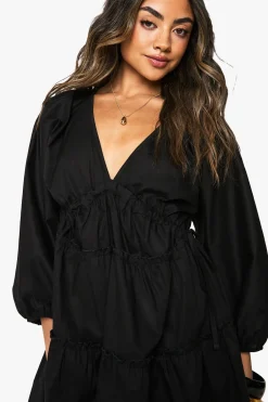boohoo Robe smock en popeline de coton à manches ballon froncées<Femme Robes Courtes|Robes Bohème