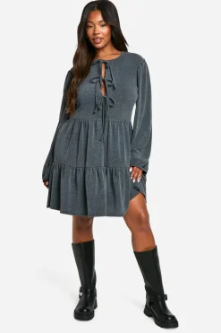 boohoo Robe smock grande taille bicolore à côtes avec nœud sur le devant<Femme Robes Courtes|Robes À Manches Longues
