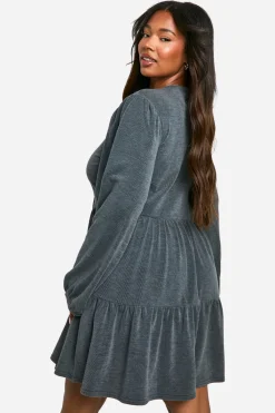 boohoo Robe smock grande taille bicolore à côtes avec nœud sur le devant<Femme Robes Courtes|Robes À Manches Longues