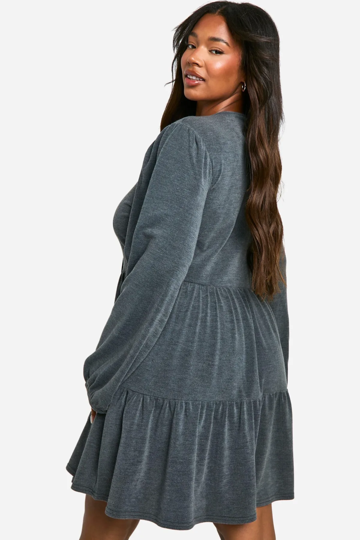 boohoo Robe smock grande taille bicolore à côtes avec nœud sur le devant<Femme Robes Courtes|Robes À Manches Longues