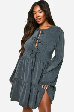 boohoo Robe smock grande taille bicolore à côtes avec nœud sur le devant<Femme Robes Courtes|Robes À Manches Longues