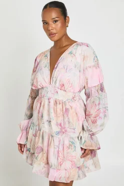 Robe Smock Grande Taille À Imprimé Floral Col V Et Manches Bouffantes Volumineuses