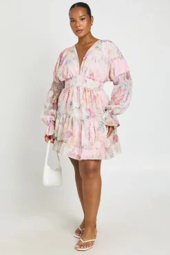 Robe Smock Grande Taille À Imprimé Floral Col V Et Manches Bouffantes Volumineuses