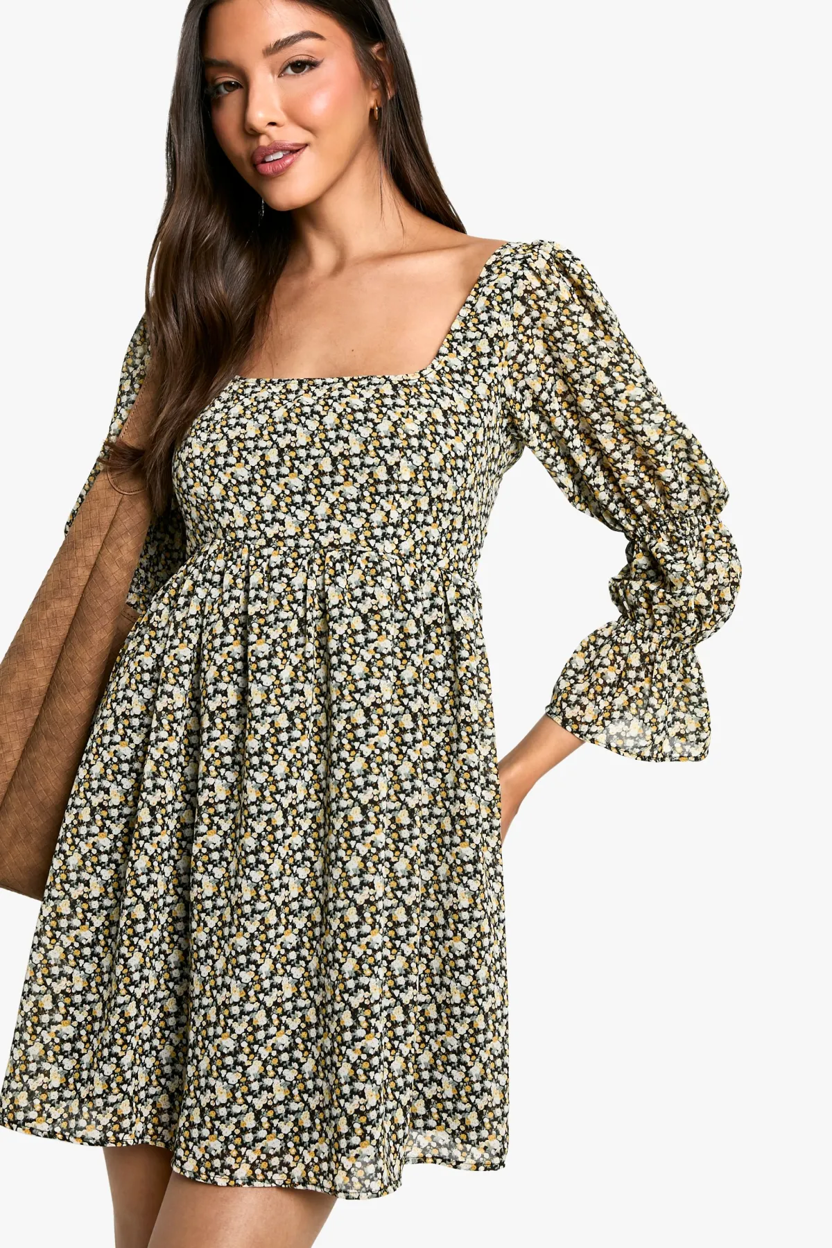 boohoo Robe smock à imprimé floral avec manches bouffantes froncées<Femme Robes Patineuses|Robes À Manches Longues