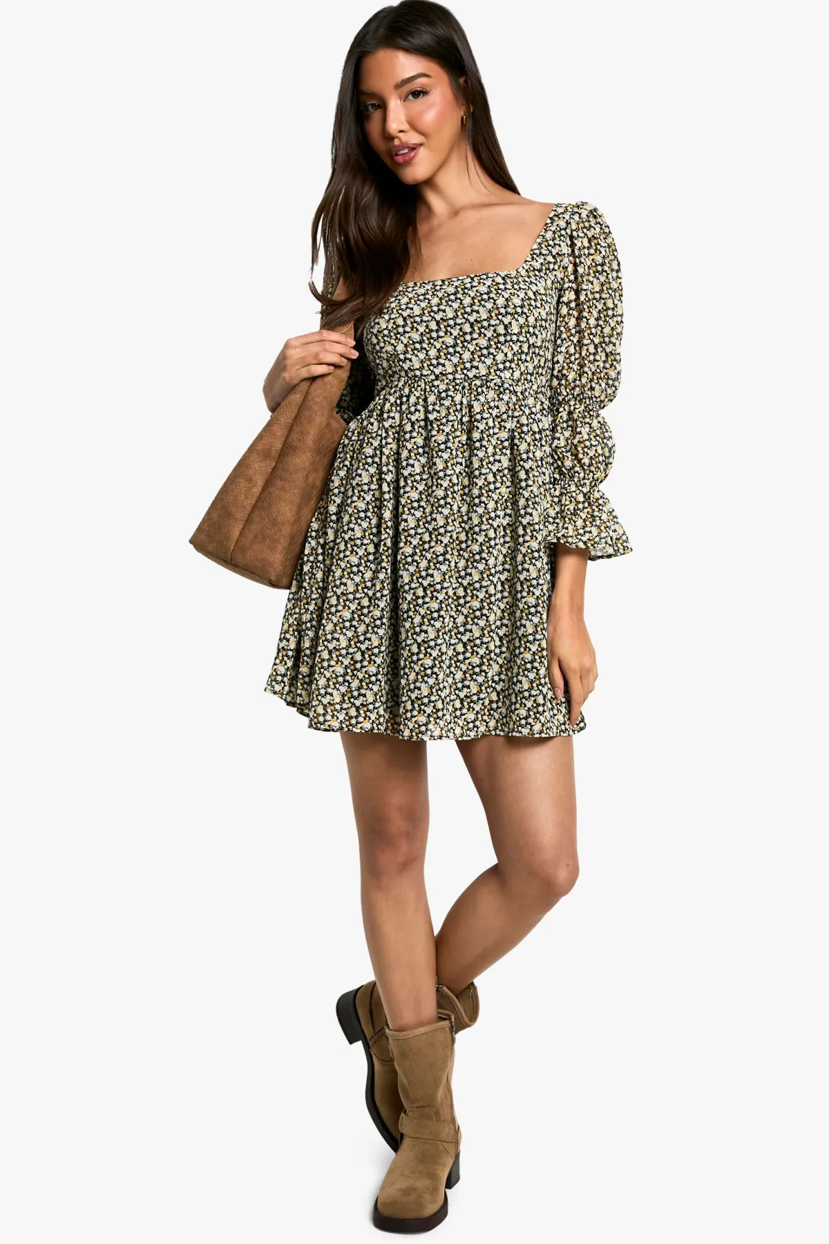 boohoo Robe smock à imprimé floral avec manches bouffantes froncées<Femme Robes Patineuses|Robes À Manches Longues