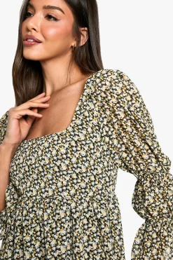 boohoo Robe smock à imprimé floral avec manches bouffantes froncées<Femme Robes Patineuses|Robes À Manches Longues
