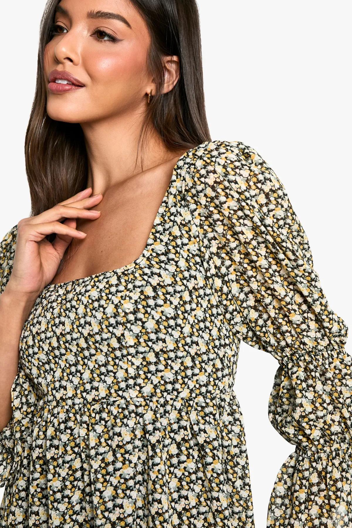 boohoo Robe smock à imprimé floral avec manches bouffantes froncées<Femme Robes Patineuses|Robes À Manches Longues