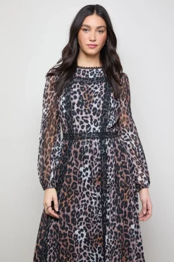 Robe Smock Mi-Longue à Manches Bouffantes et Finitions Dentelle Imprimée