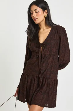 Robe Smock à Motifs Floraux Dévorés avec Liens Devant