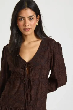 Robe Smock à Motifs Floraux Dévorés avec Liens Devant