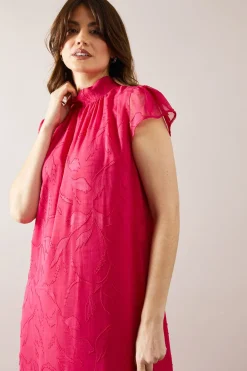 Robe Swing Mi-Longue à Ourlet Tombant en Jacquard Fleuri