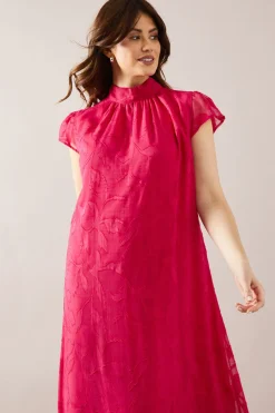 Robe Swing Mi-Longue à Ourlet Tombant en Jacquard Fleuri