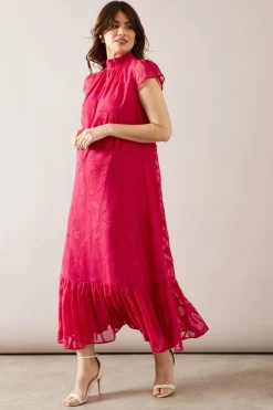 Robe Swing Mi-Longue à Ourlet Tombant en Jacquard Fleuri