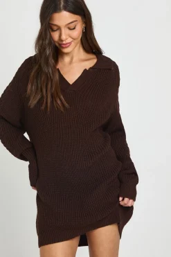 boohoo Robe Synthétiquell Col Chemise Encolure En V Maille Épaisse<Femme Robes À Manches Longues|Robes