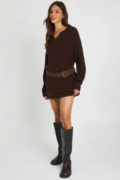 boohoo Robe Synthétiquell Col Chemise Encolure En V Maille Épaisse<Femme Robes À Manches Longues|Robes