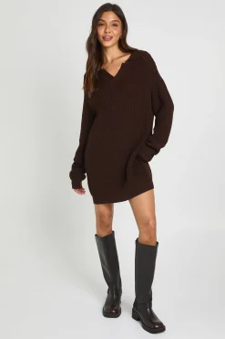 boohoo Robe Synthétiquell Col Chemise Encolure En V Maille Épaisse<Femme Robes À Manches Longues|Robes