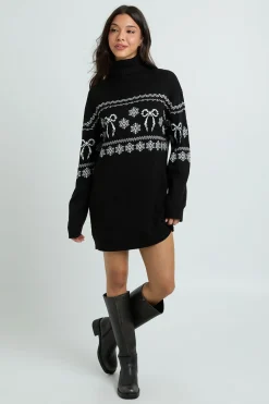 boohoo Robe Synthétiquell Col Roulé De Noël À Motif Jacquard Et Nœuds<Femme Toutes Les Robes|Robes À Manches Longues