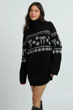 boohoo Robe Synthétiquell Col Roulé De Noël À Motif Jacquard Et Nœuds<Femme Toutes Les Robes|Robes À Manches Longues