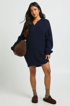Robe Synthétiquell Col V À Col Chemise En Grosse Maille Petite
