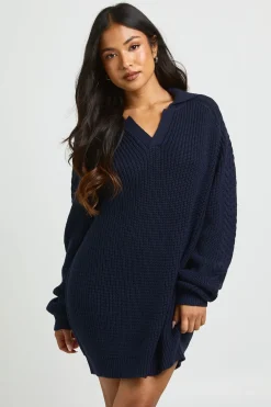 Robe Synthétiquell Col V À Col Chemise En Grosse Maille Petite