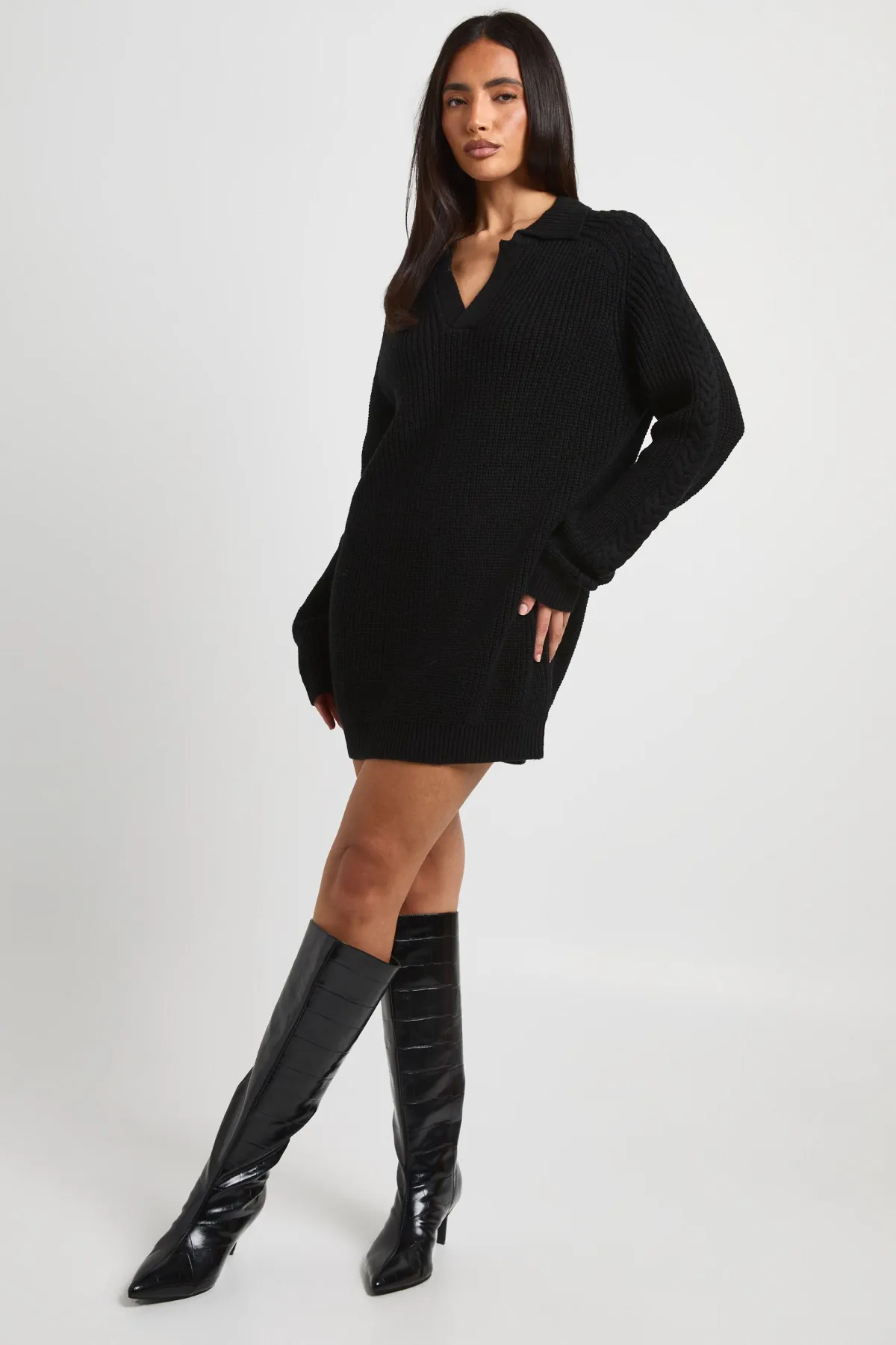 boohoo Robe Synthétiquell Col V À Col Montant En Maille Épaisse<Femme Robes À Manches Longues|Robes