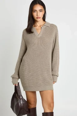 Robe Synthétiquell Col V À Maille Épaisse Avec Col Chemise