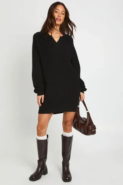 Robe Synthétiquell Longue En Maille Épaisse Col Chemise Et Encolure En V