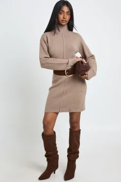 Robe Synthétiquell Mini Tricotée Col Montant Avec Détail De Couture
