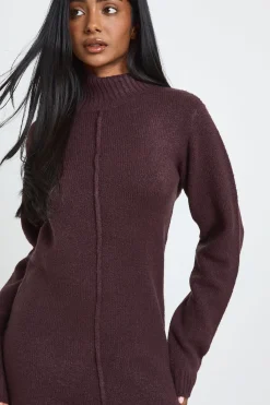 boohoo Robe Synthétiquell Mini Tricotée À Col Montant Avec Détail De Couture<Femme Looks Chocolat|Robes À Manches Longues