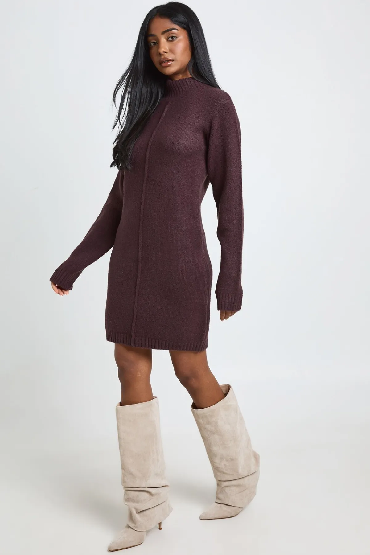 boohoo Robe Synthétiquell Mini Tricotée À Col Montant Avec Détail De Couture<Femme Looks Chocolat|Robes À Manches Longues