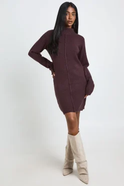 boohoo Robe Synthétiquell Mini Tricotée À Col Montant Avec Détail De Couture<Femme Looks Chocolat|Robes À Manches Longues