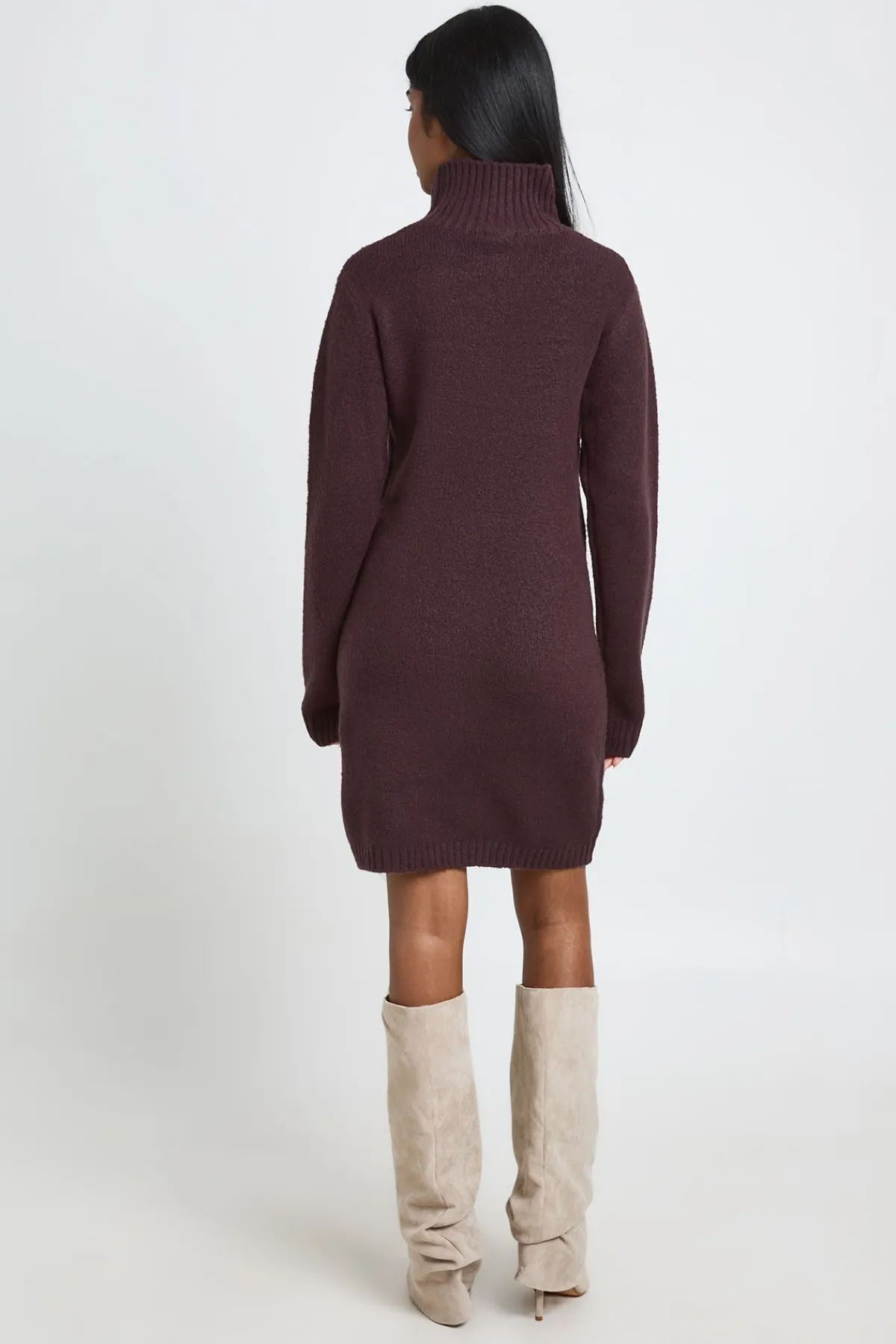 boohoo Robe Synthétiquell Mini Tricotée À Col Montant Avec Détail De Couture<Femme Looks Chocolat|Robes À Manches Longues