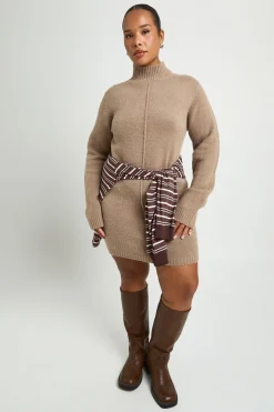 boohoo Robe Synthétiquell Mini Tricotée Grande Taille Col Montant Avec Détail De Couture<Femme Robes À Manches Longues|Robes