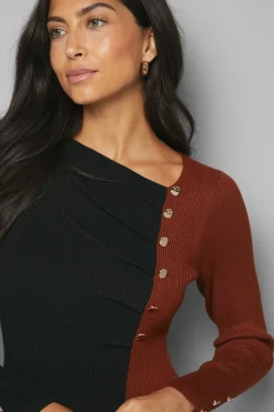 Robe Tricotée Asymétrique à Blocs de Couleur
