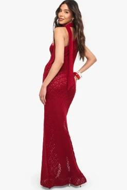 boohoo Robe tricotée au crochet à épaule asymétrique et nœud au cou<Femme Pulls Et Gilets|Toutes Les Mailles