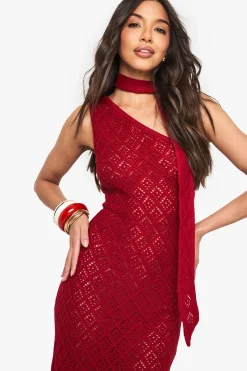 boohoo Robe tricotée au crochet à épaule asymétrique et nœud au cou<Femme Pulls Et Gilets|Toutes Les Mailles