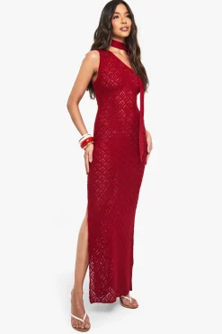 boohoo Robe tricotée au crochet à épaule asymétrique et nœud au cou<Femme Pulls Et Gilets|Toutes Les Mailles