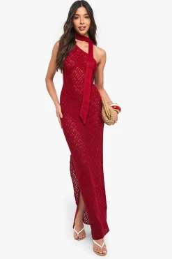 boohoo Robe tricotée au crochet à épaule asymétrique et nœud au cou<Femme Pulls Et Gilets|Toutes Les Mailles