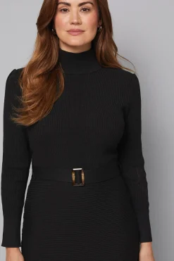 Robe Tricotée Ceinturée à Col Montant avec Détails Côtelés