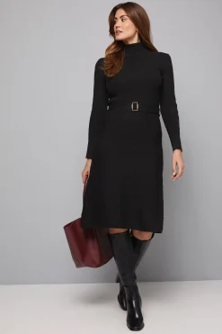 Robe Tricotée Ceinturée à Col Montant avec Détails Côtelés
