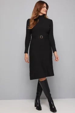 Robe Tricotée Ceinturée à Col Montant avec Détails Côtelés