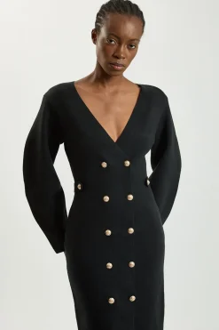 Robe Tricotée Cintrée Petite Aspect Laine À Double Boutonnage Militaire