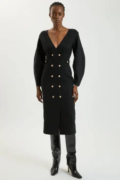 Robe Tricotée Cintrée Petite Aspect Laine À Double Boutonnage Militaire