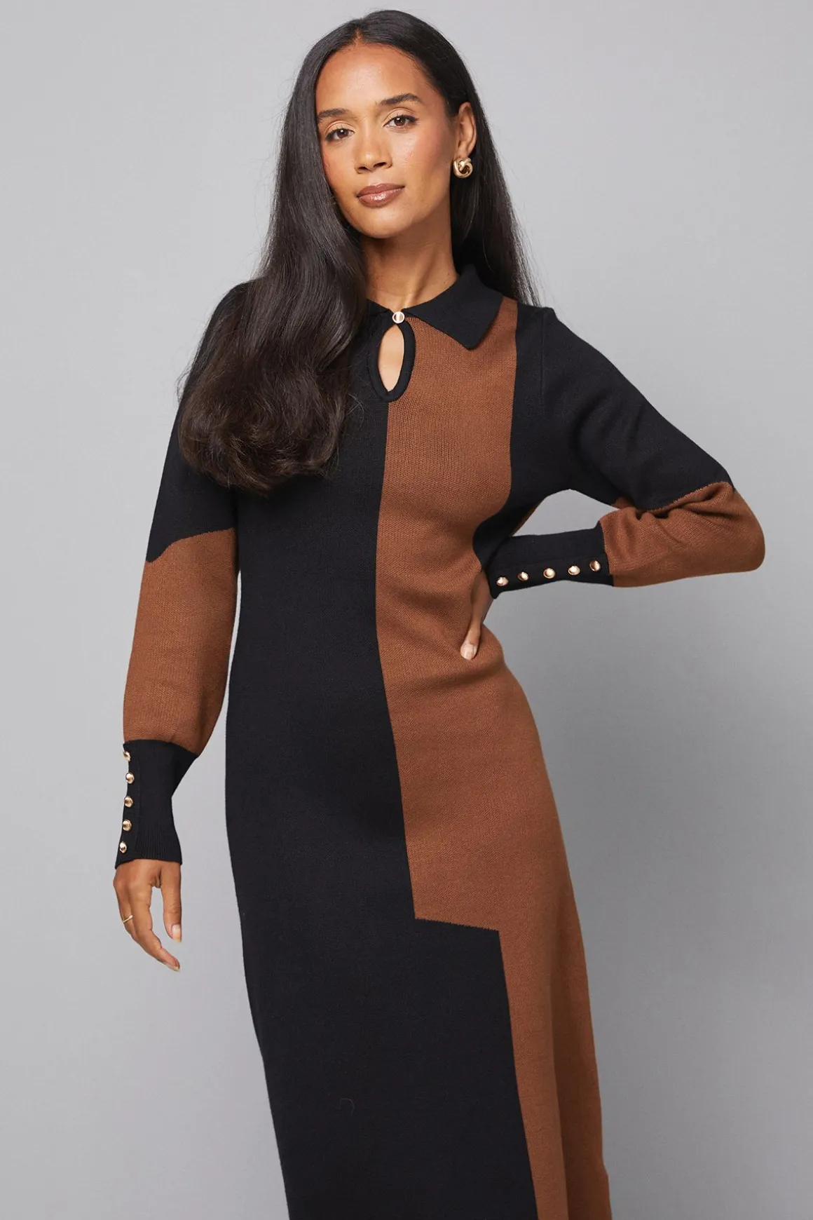 Robe Tricotée à Col et Blocs de Couleurs