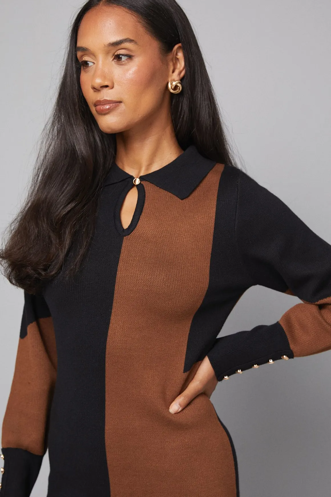 Robe Tricotée à Col et Blocs de Couleurs