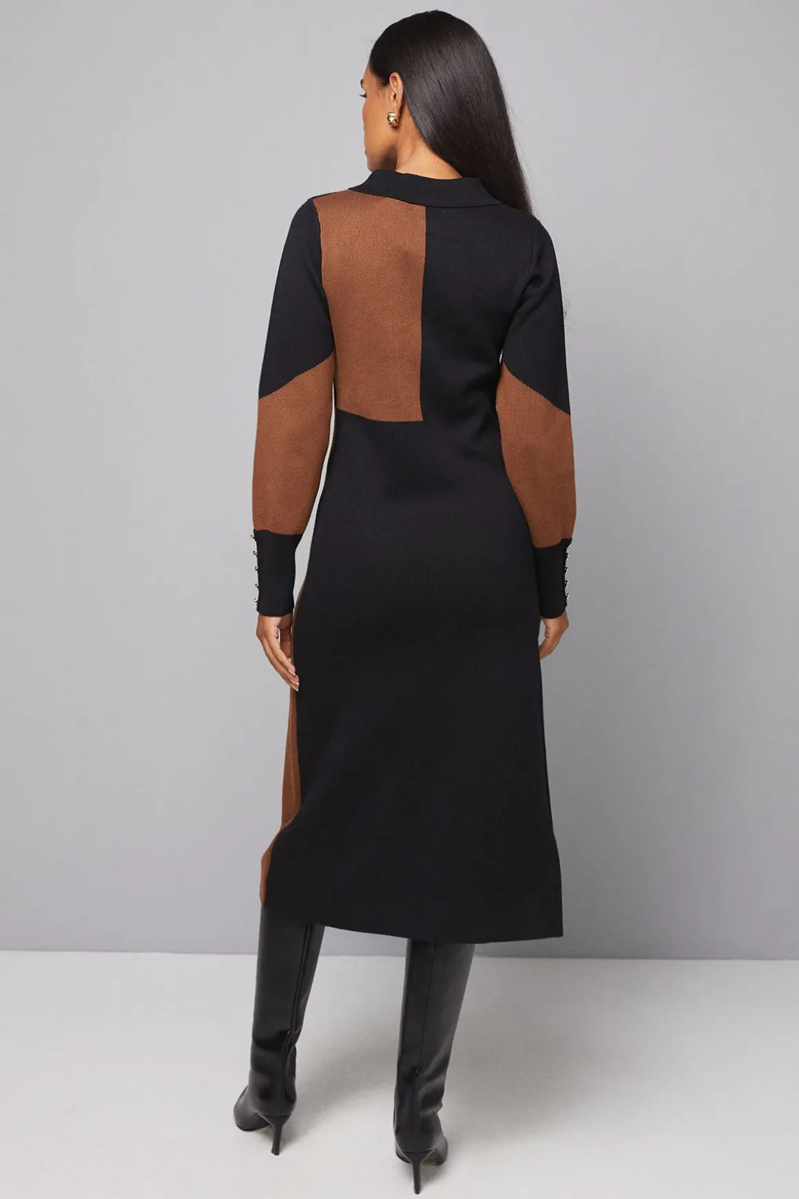 Robe Tricotée à Col et Blocs de Couleurs
