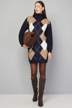 Robe Tricotée Col Roulé Motif Losanges